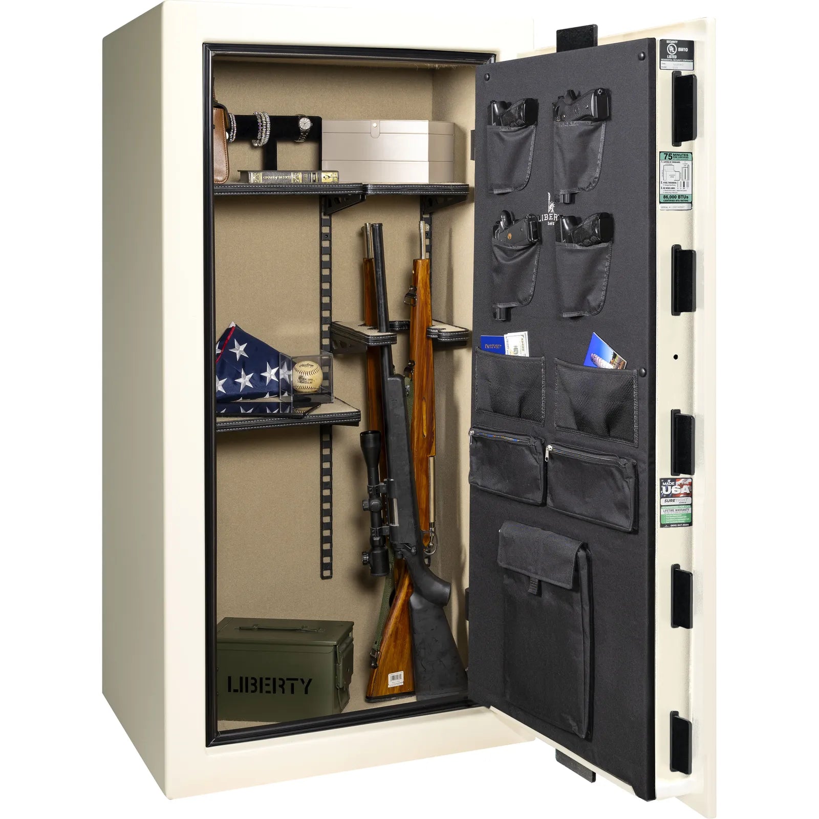 Liberty Colonial 23 gun safe in White Gloss, Pro Flex interior - loaded