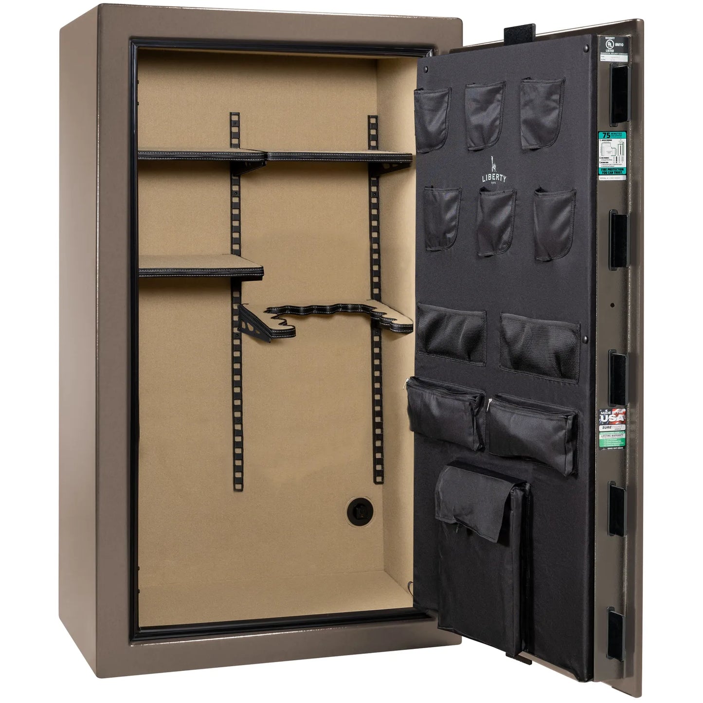 Liberty Colonial 30 gun safe in Textured Bronze, Pro Flex interior - empty