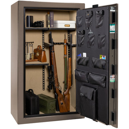 Liberty Colonial 30 gun safe in Textured Bronze, Pro Flex interior - loaded