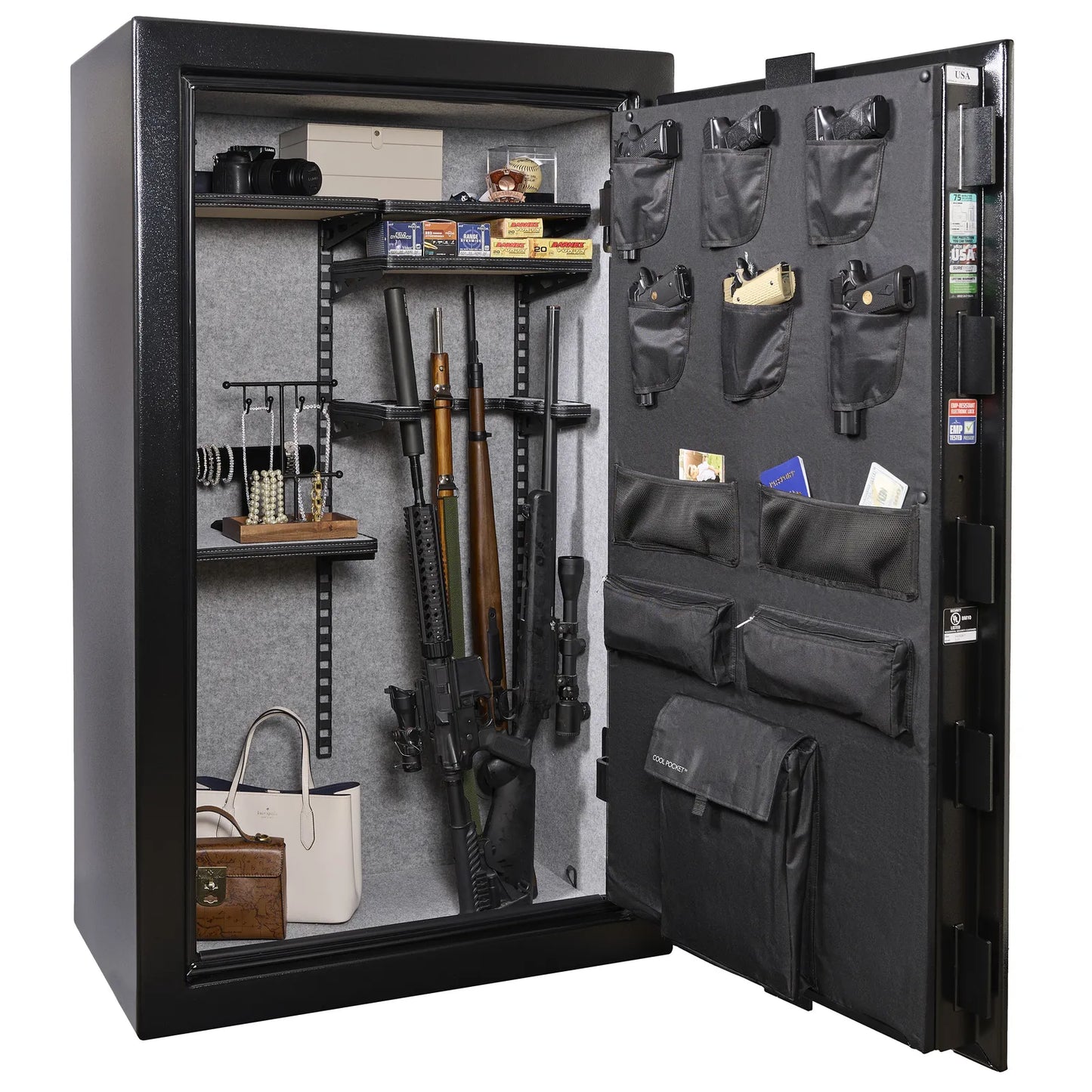 Liberty Colonial 30 gun safe in Textured Black, Pro Flex interior - loaded