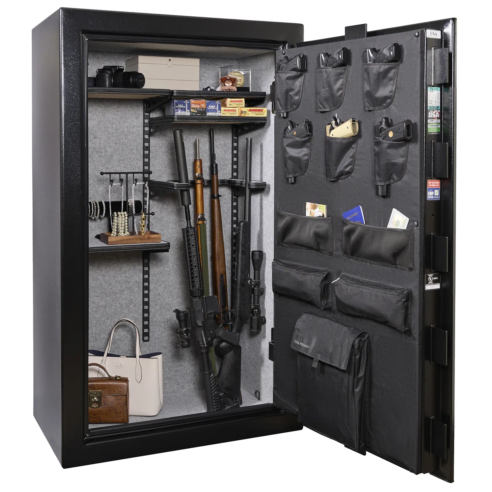 Liberty Colonial 30 gun safe in Textured Black, Pro Flex interior - loaded