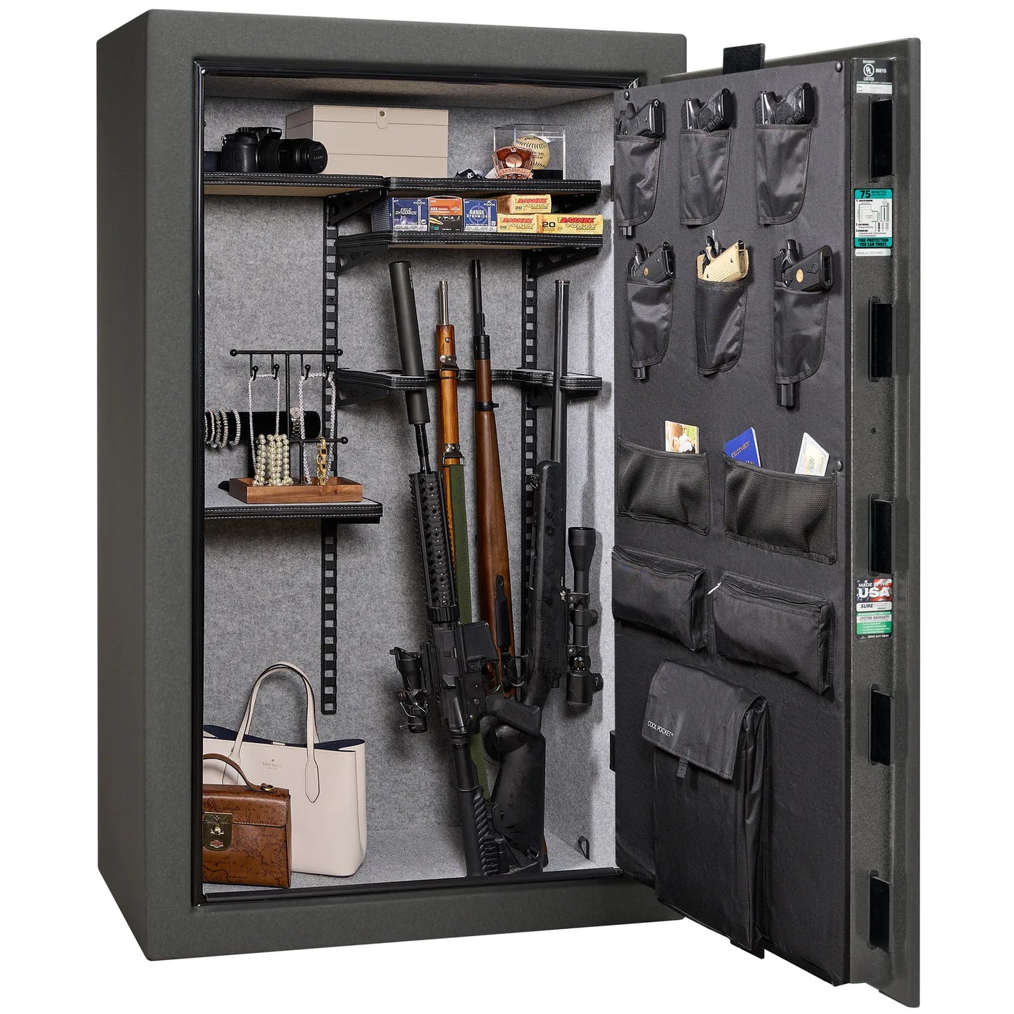 Liberty Colonial 30 gun safe in Textured Granite, Pro Flex interior - loaded