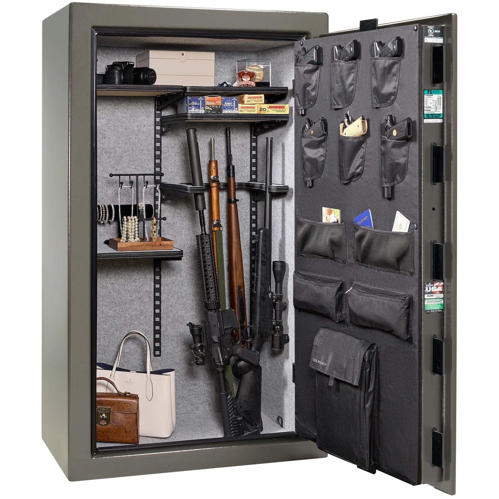 Liberty Colonial 30 gun safe in Gray Gloss, Pro Flex interior - loaded