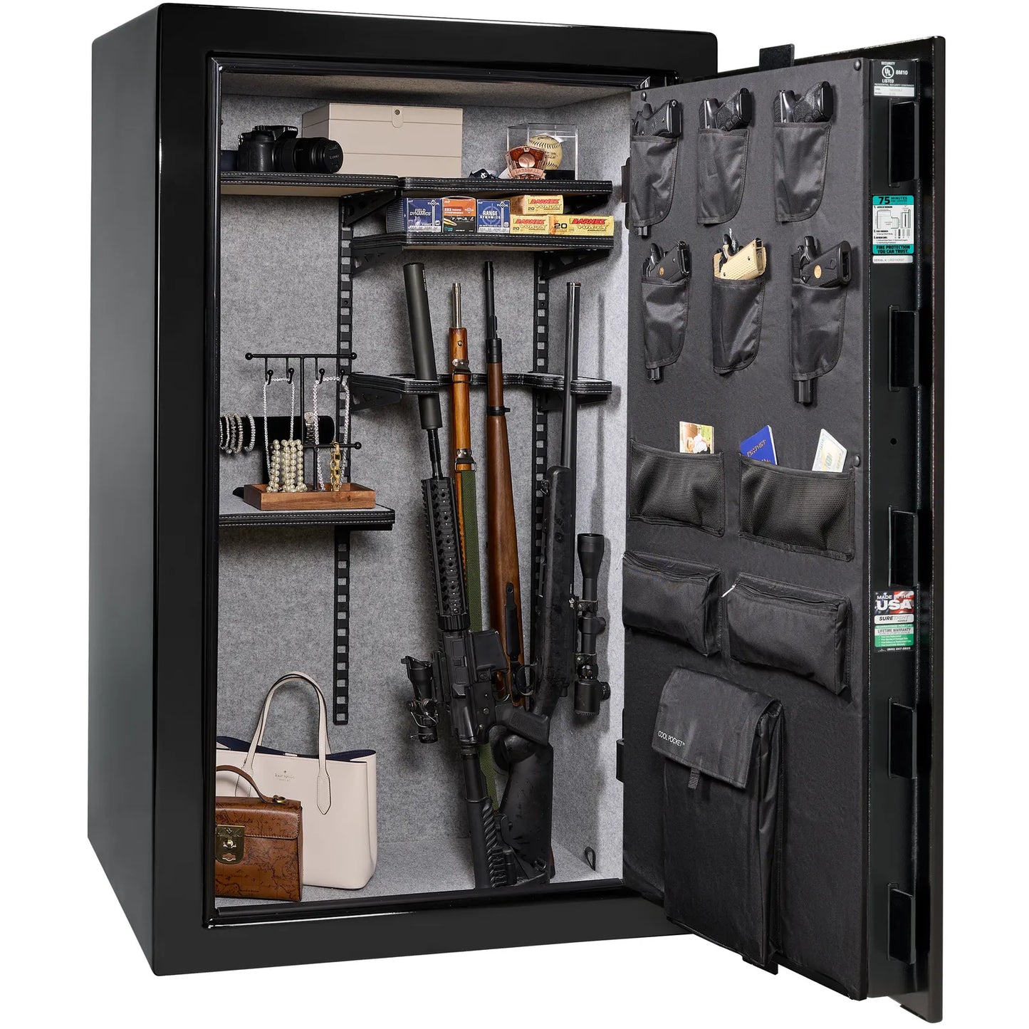 Liberty Colonial 30 gun safe in Black Gloss, Pro Flex interior - loaded