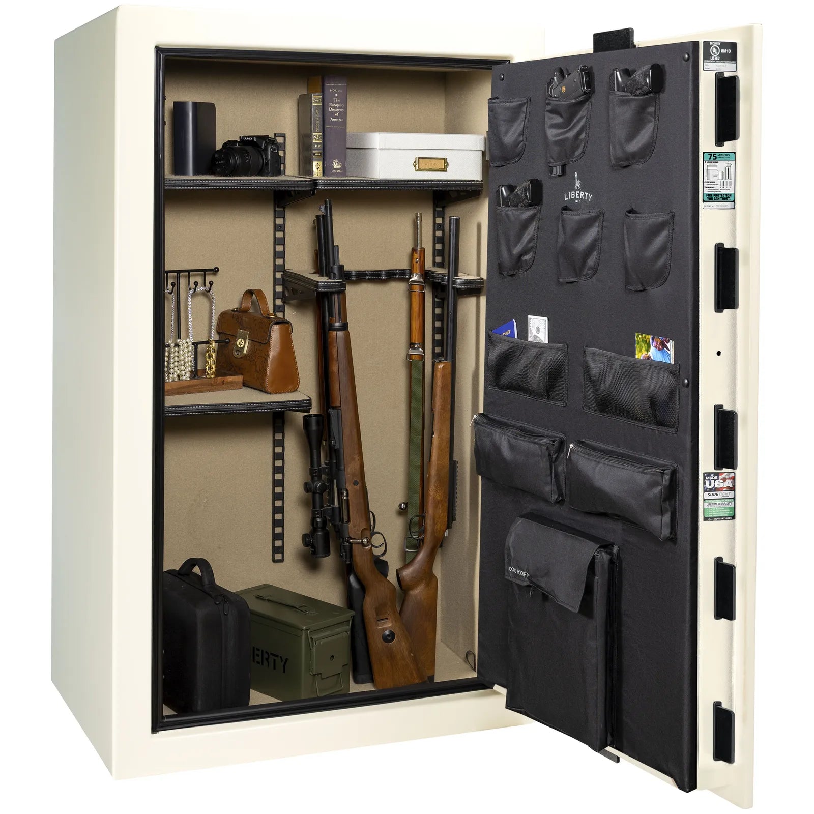 Liberty Colonial 30 gun safe in White Gloss, Pro Flex interior - loaded
