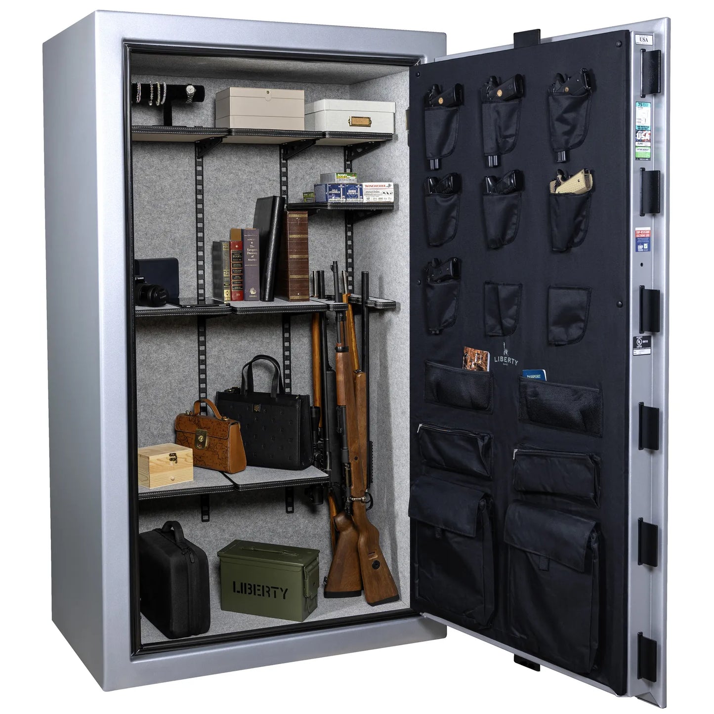 Liberty Colonial 50 gun safe in Glacial Steel, Pro Flex interior - loaded