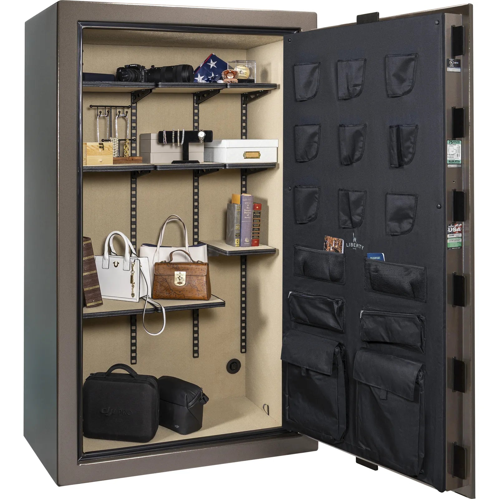 Liberty Colonial 50 gun safe in Textured Bronze, Pro Flex interior - full no guns