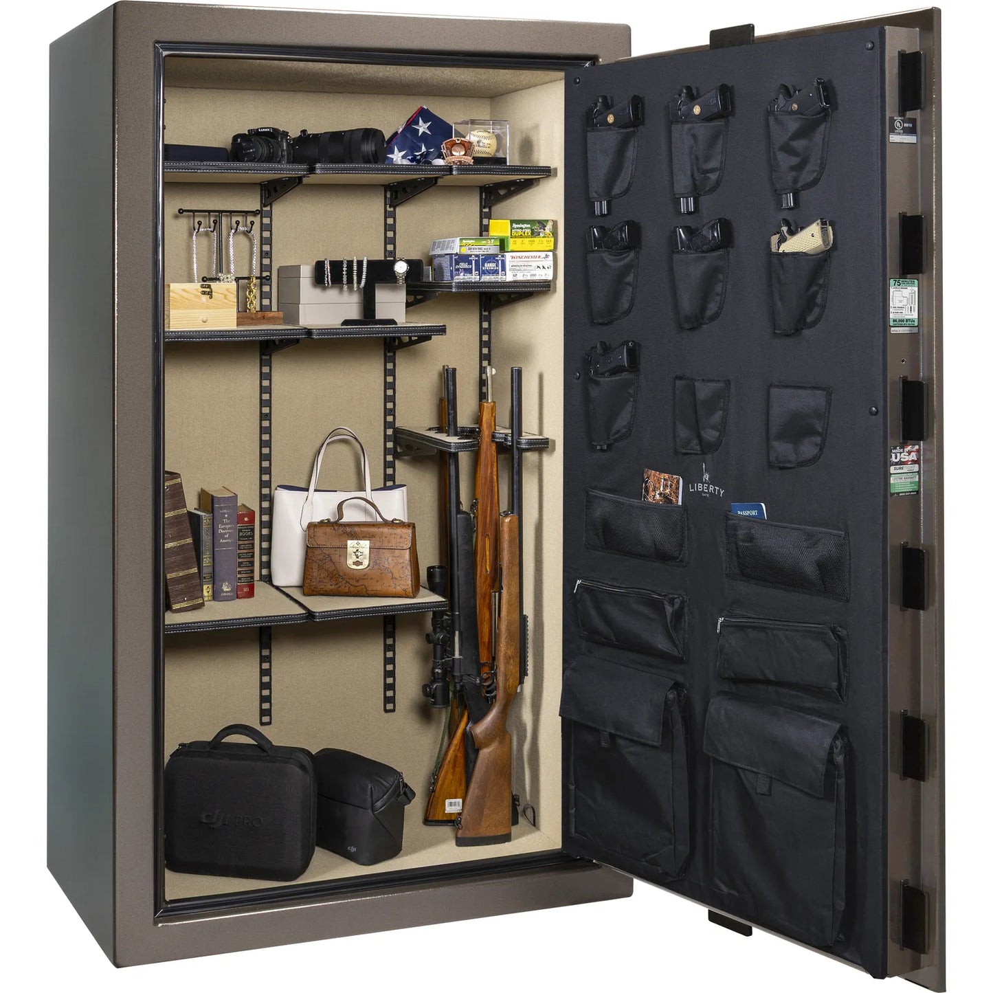 Liberty Colonial 50 gun safe in Textured Bronze, Pro Flex interior - loaded
