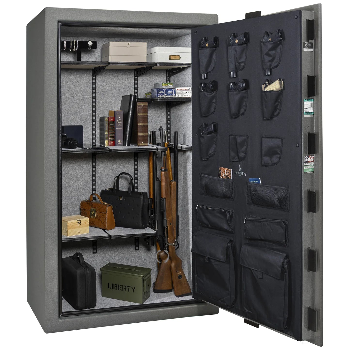 Liberty Colonial 50 gun safe in Textured Granite, Pro Flex interior - loaded