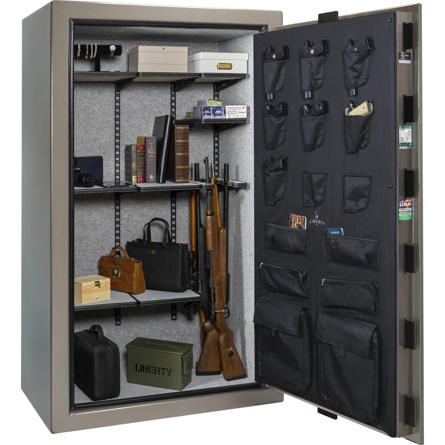 Liberty Colonial 50 gun safe in Gray Marble, Pro Flex interior - loaded