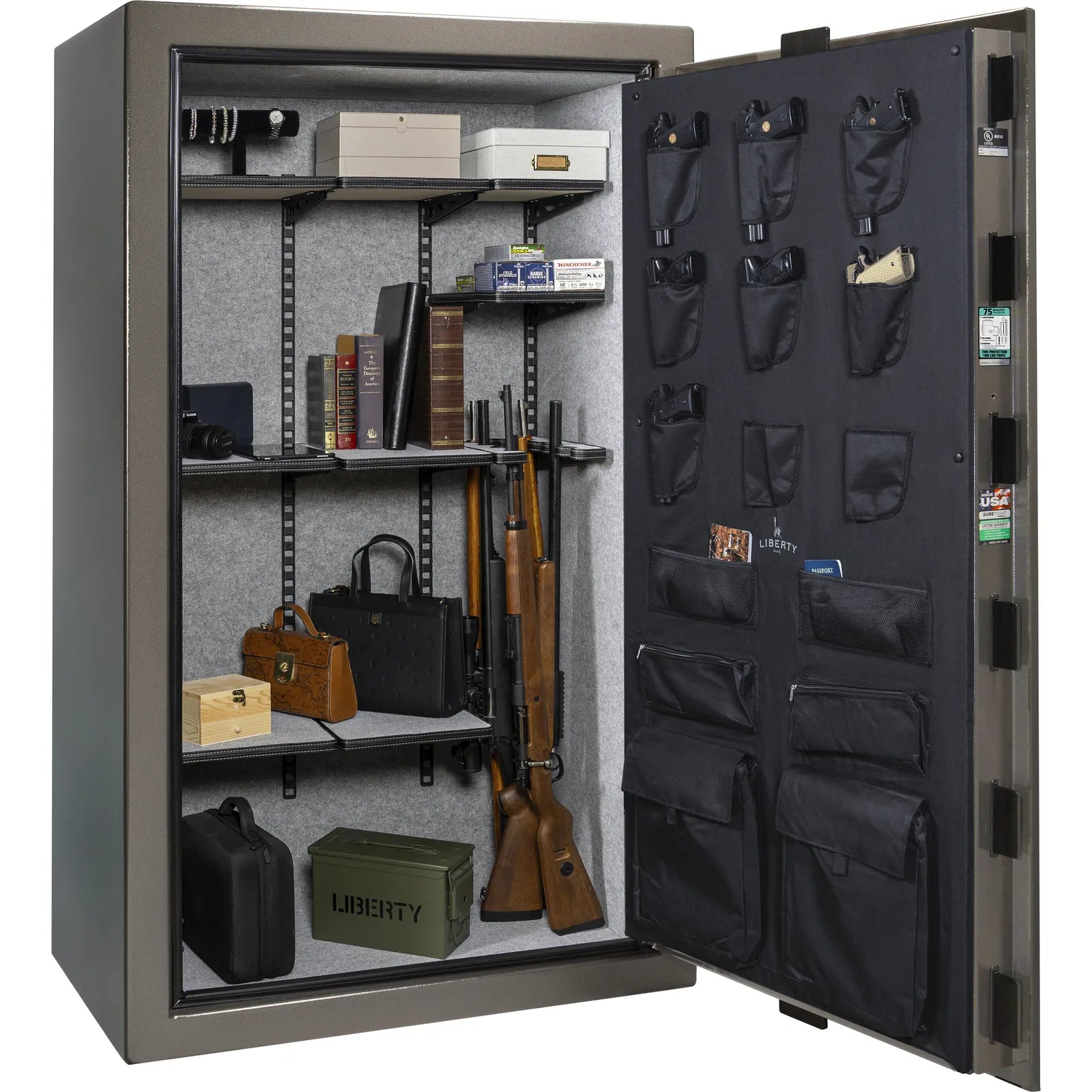 Liberty Colonial 50 gun safe in Gray Gloss, Pro Flex interior - loaded