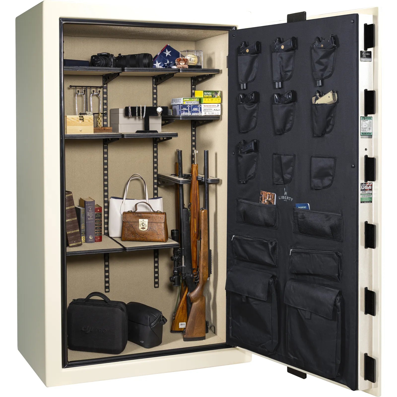 Liberty Colonial 50 gun safe in White Gloss, Pro Flex interior - loaded