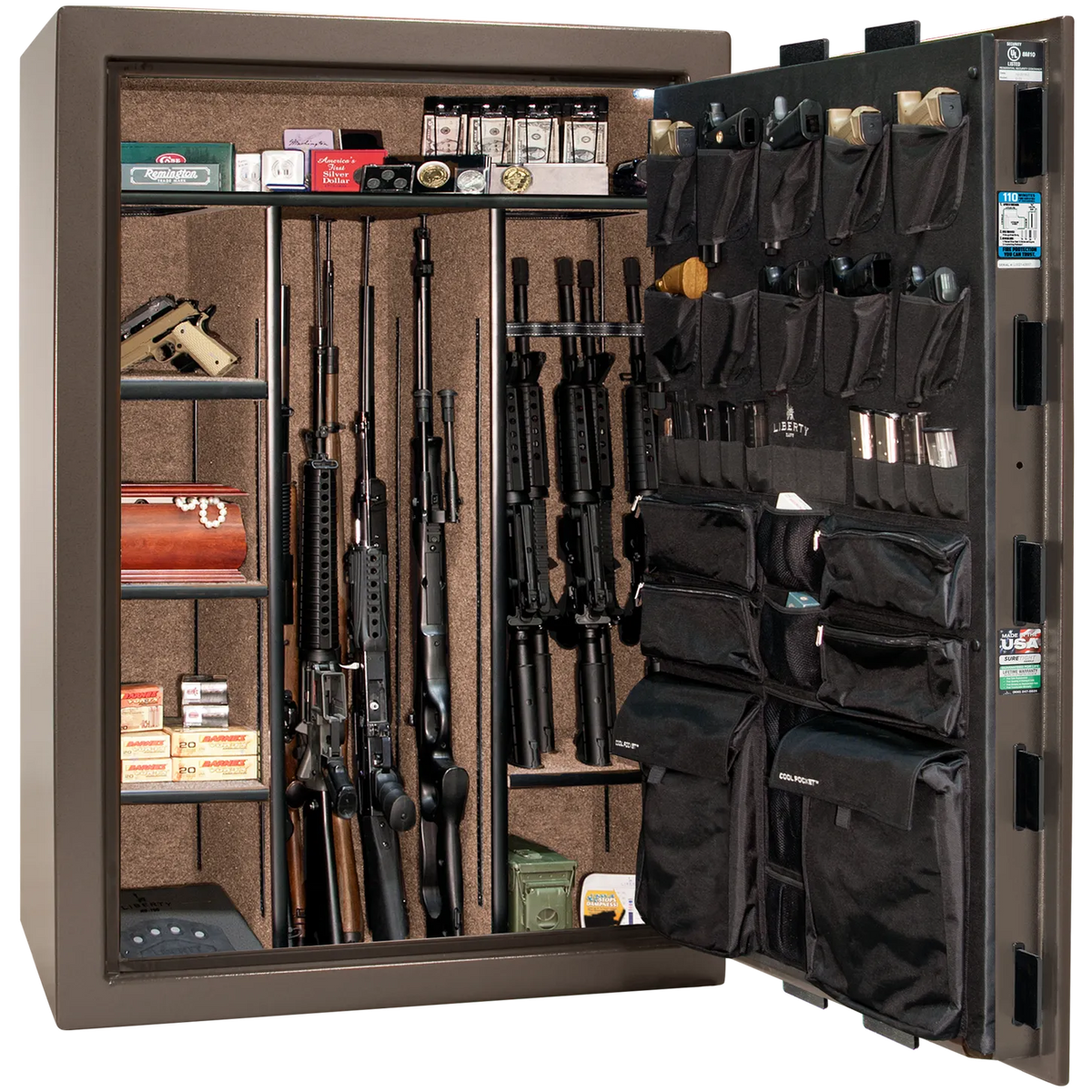 Liberty Fatboy textured bronze safe interior with shelving and door storage