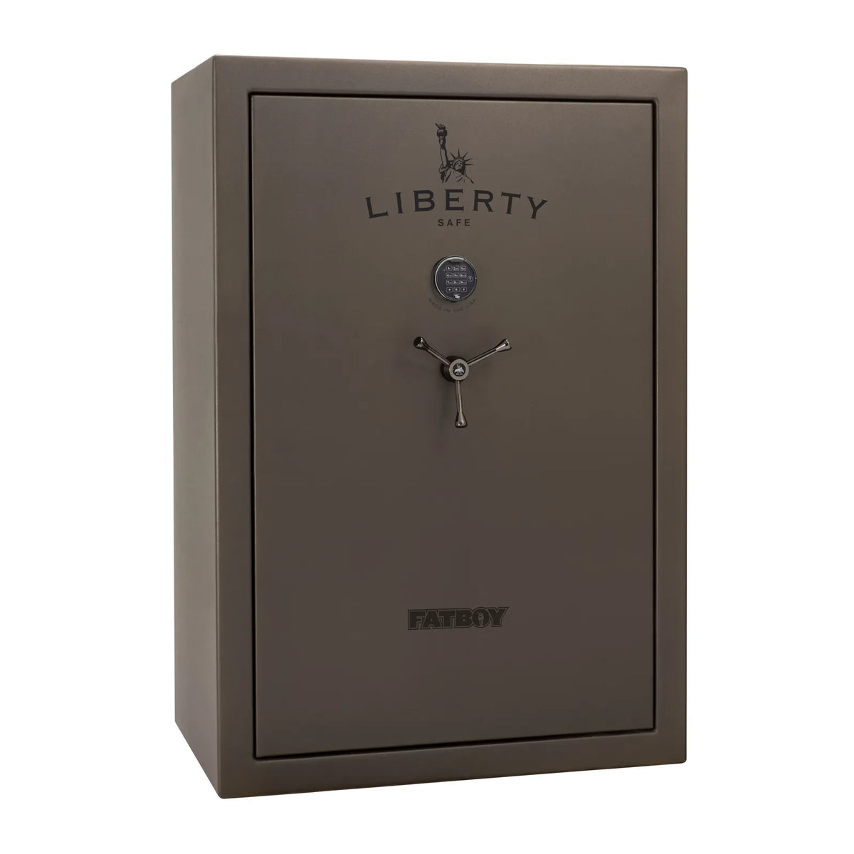 Liberty Fatboy gun safe in textured bronze with black chrome hardware and electronic lock