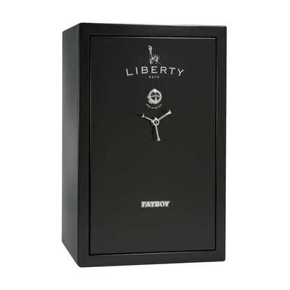 Liberty Fatboy gun safe in textured black with chrome hardware and mechanical lock
