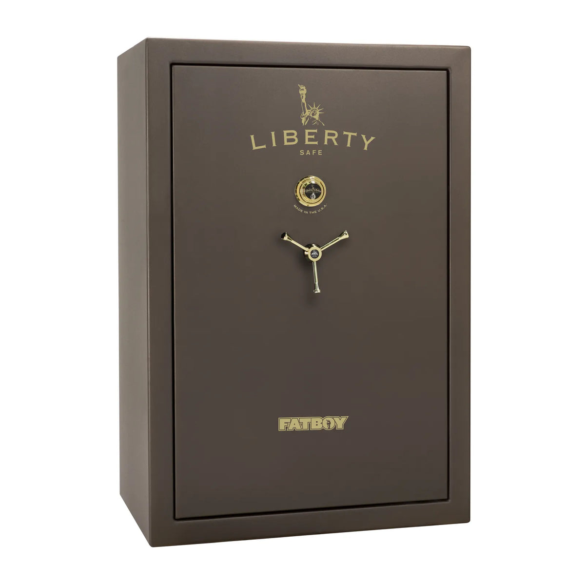 Liberty Fatboy gun safe in textured bronze with brass hardware and mechanical lock