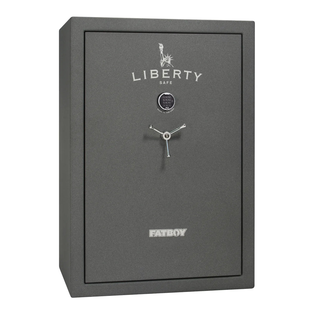 Liberty Fatboy gun safe in textured granite with chrome hardware and electronic lock