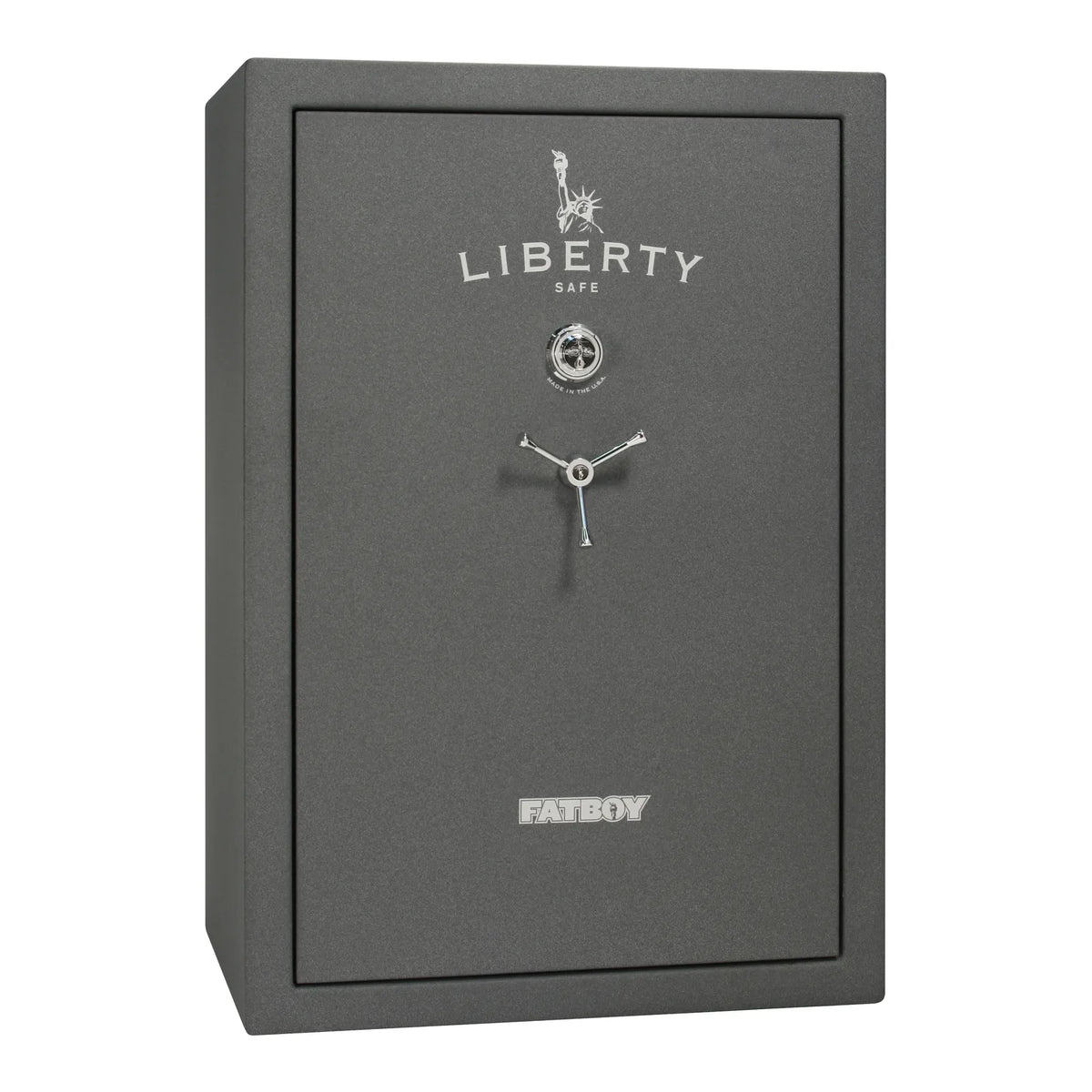 Liberty Fatboy gun safe in textured granite with chrome hardware and mechanical lock