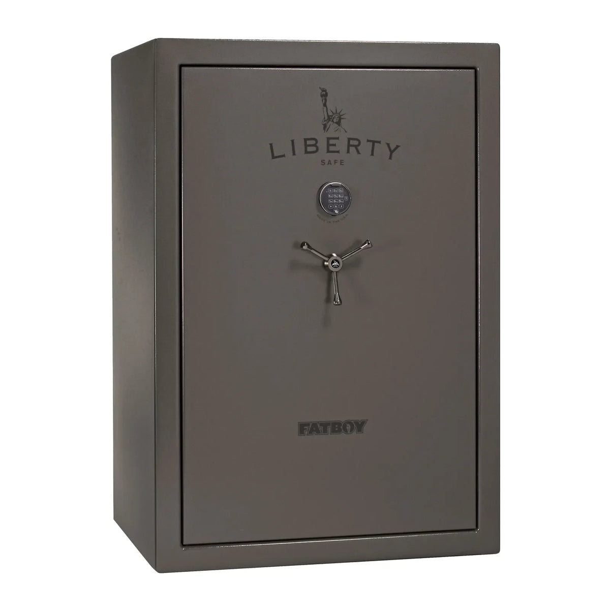 Liberty Fatboy gun safe in gray marble with black chrome hardware and electronic lock