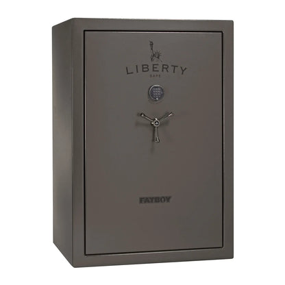Liberty Fatboy gun safe in gray marble with black chrome hardware and electronic lock