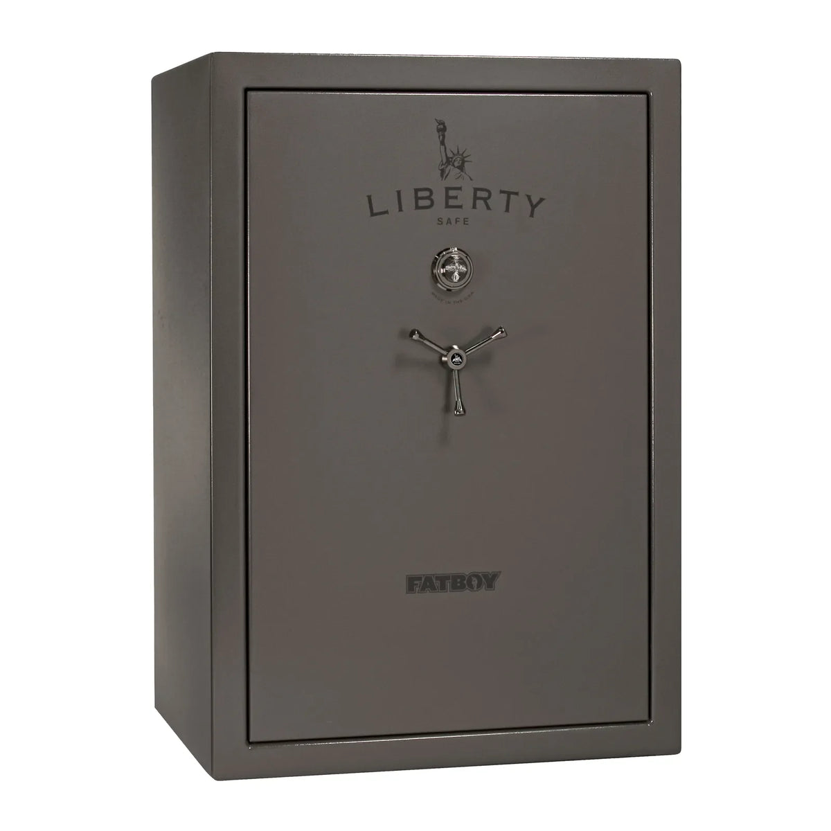 Liberty Fatboy gun safe in gray marble with black chrome hardware and mechanical lock
