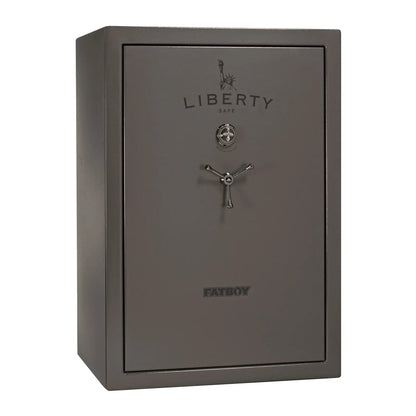 Liberty Fatboy gun safe in gray marble with black chrome hardware and mechanical lock