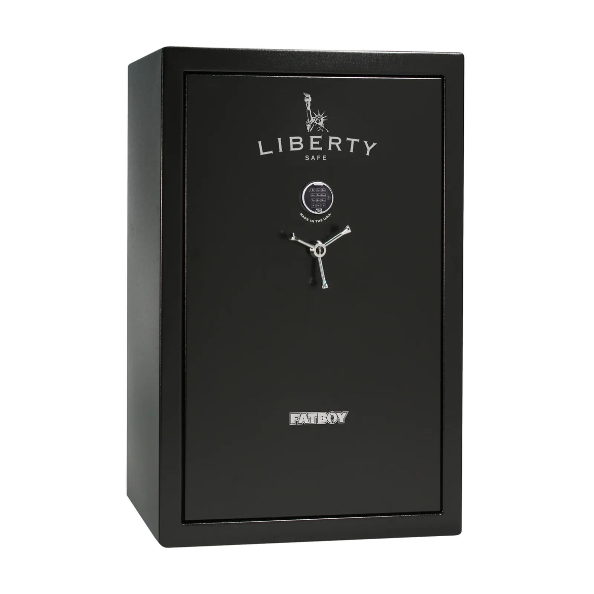 Liberty Fatboy gun safe in textured black with chrome hardware and electronic lock