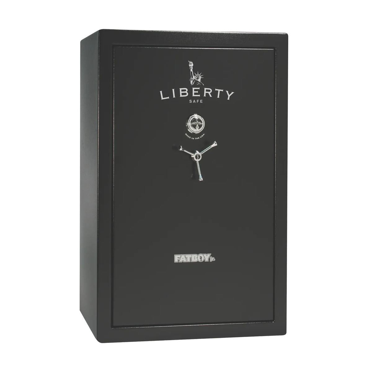Liberty Fatboy Jr. gun safe in textured black with chrome hardware and mechanical lock