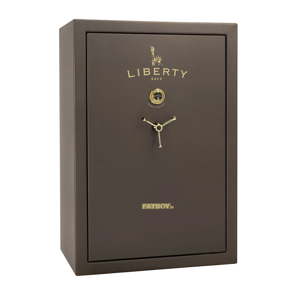Liberty Fatboy Jr. gun safe in textured bronze with brass hardware and mechanical lock