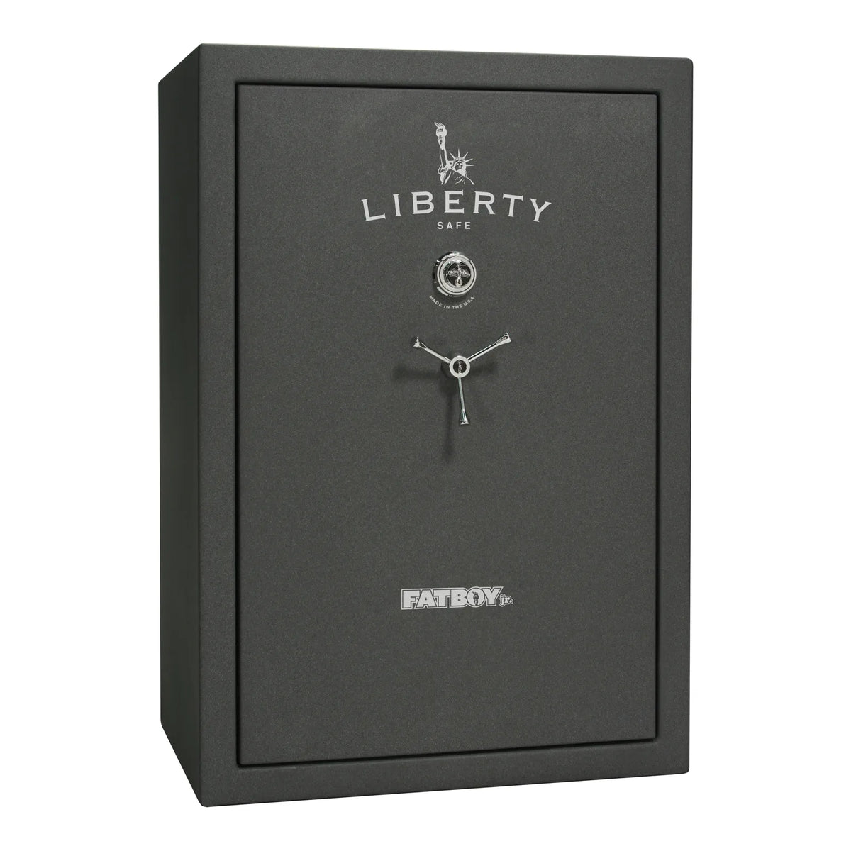 Liberty Fatboy Jr. gun safe in textured granite with chrome hardware and mechanical lock