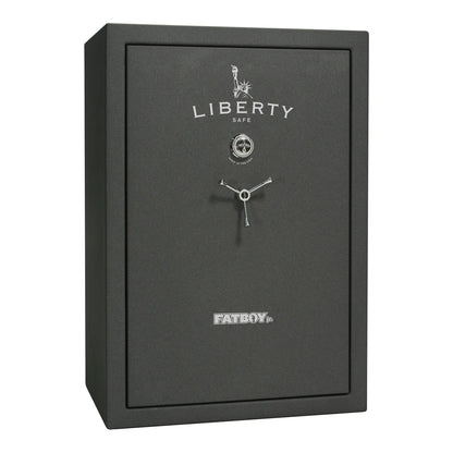 Liberty Fatboy Jr. gun safe in textured granite with chrome hardware and mechanical lock