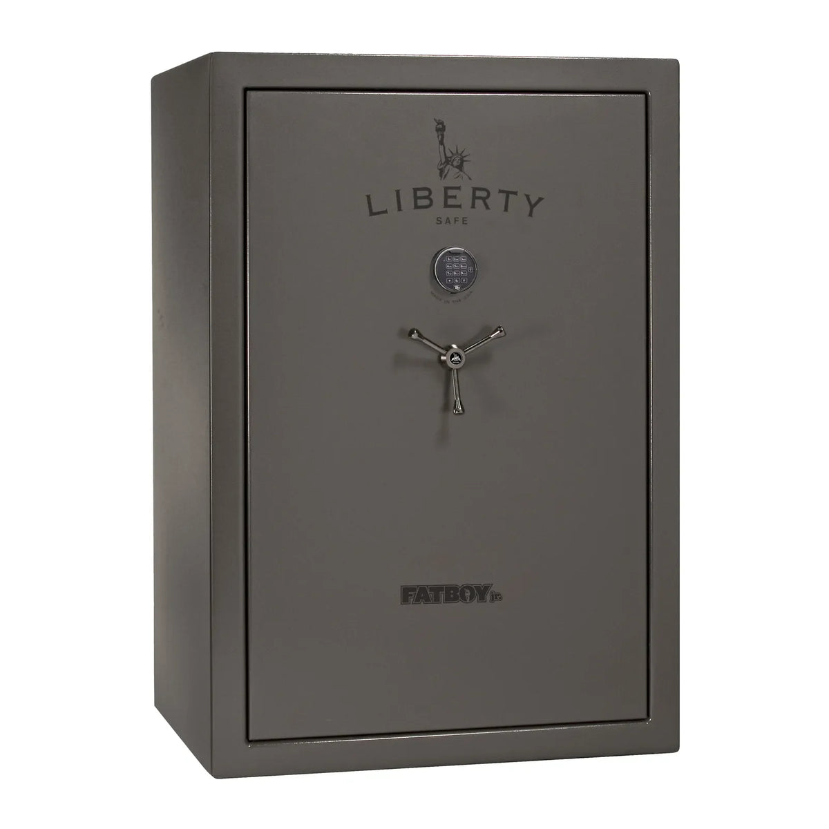 Liberty Fatboy Jr. gun safe in gray marble with black chrome hardware and electronic lock