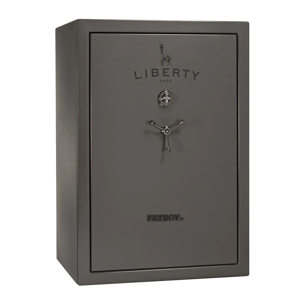 Liberty Fatboy Jr. gun safe in gray marble with black chrome hardware and mechanical lock
