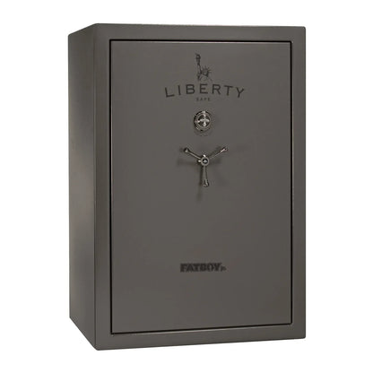 Liberty Fatboy Jr. gun safe in gray marble with black chrome hardware and mechanical lock