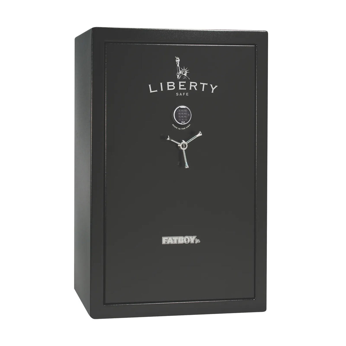 Liberty Fatboy Jr. gun safe in textured black with chrome hardware and electronic lock