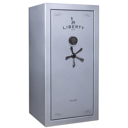 Liberty Franklin 29 gun safe in Glacial Steel with Black Chrome and S&G electronic lock, exterior view.