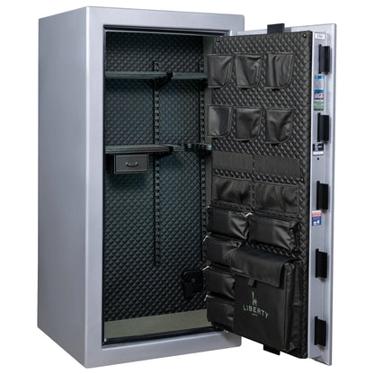 Liberty Franklin 29 gun safe in Glacial Steel with Black Chrome, Signature interior empty.