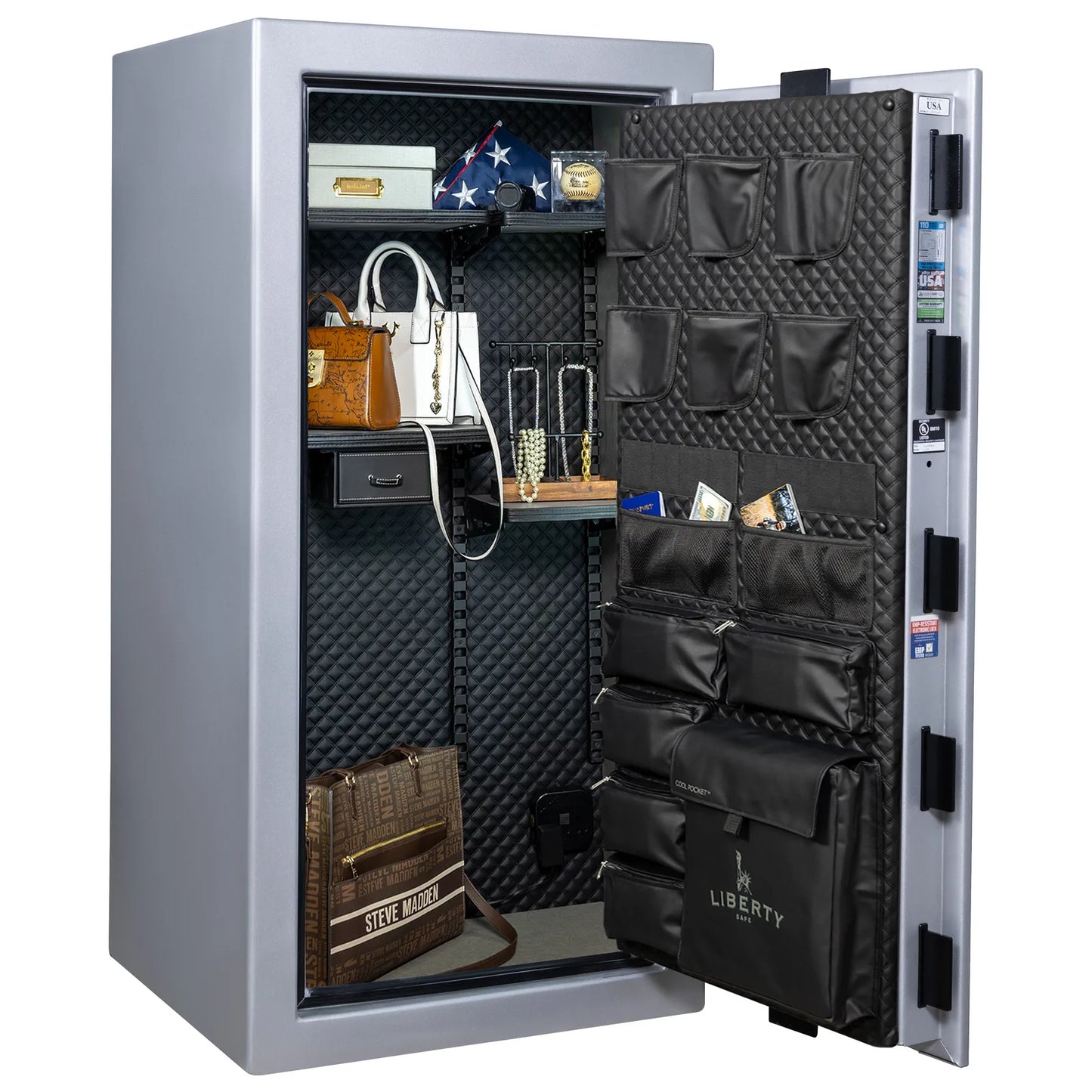 Liberty Franklin 29 gun safe in Glacial Steel with Black Chrome, Signature interior full with shelving and no guns.
