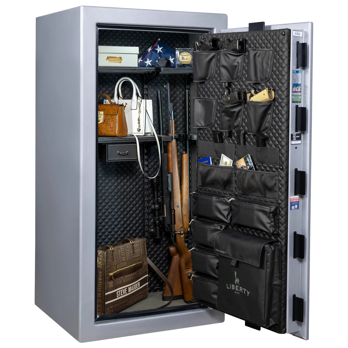 Liberty Franklin 29 gun safe in Glacial Steel with Black Chrome, Signature interior loaded with firearms.