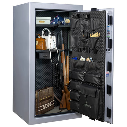 Liberty Franklin 29 gun safe in Glacial Steel with Black Chrome, Signature interior loaded with firearms.