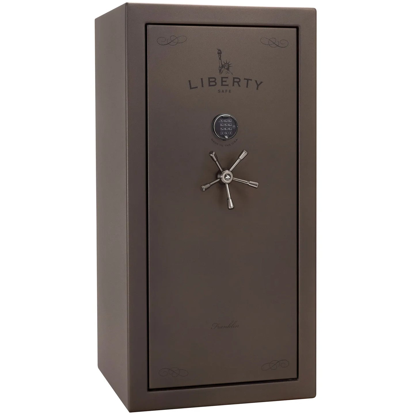 Liberty Franklin 29 gun safe in Bronze Textured with Black Chrome and S&G electronic lock, exterior view.