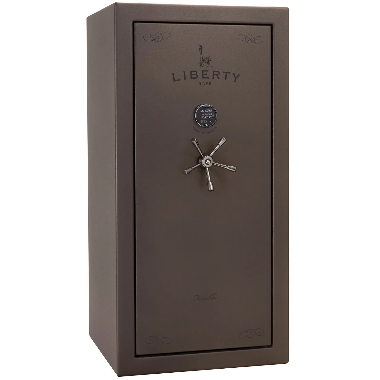 Liberty Franklin 29 gun safe in Bronze Textured with Black Chrome and S&G electronic lock, exterior view.