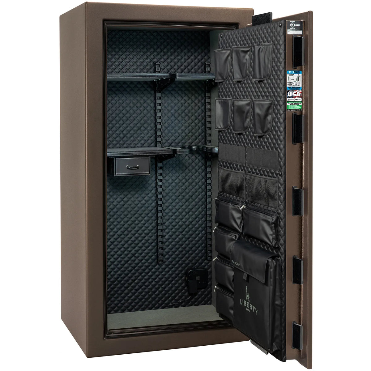 Liberty Franklin 29 gun safe in Bronze Textured with Black Chrome, Signature interior empty.
