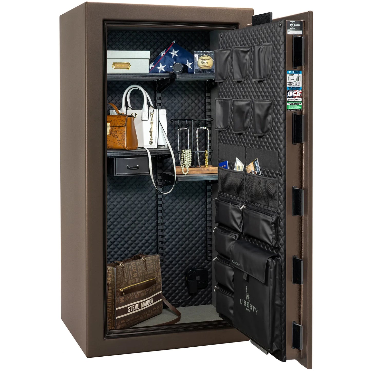 Liberty Franklin 29 gun safe in Bronze Textured with Black Chrome, Signature interior full with shelving and no guns.