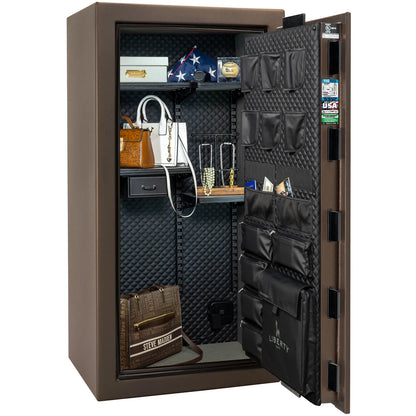Liberty Franklin 29 gun safe in Bronze Textured with Black Chrome, Signature interior full with shelving and no guns.