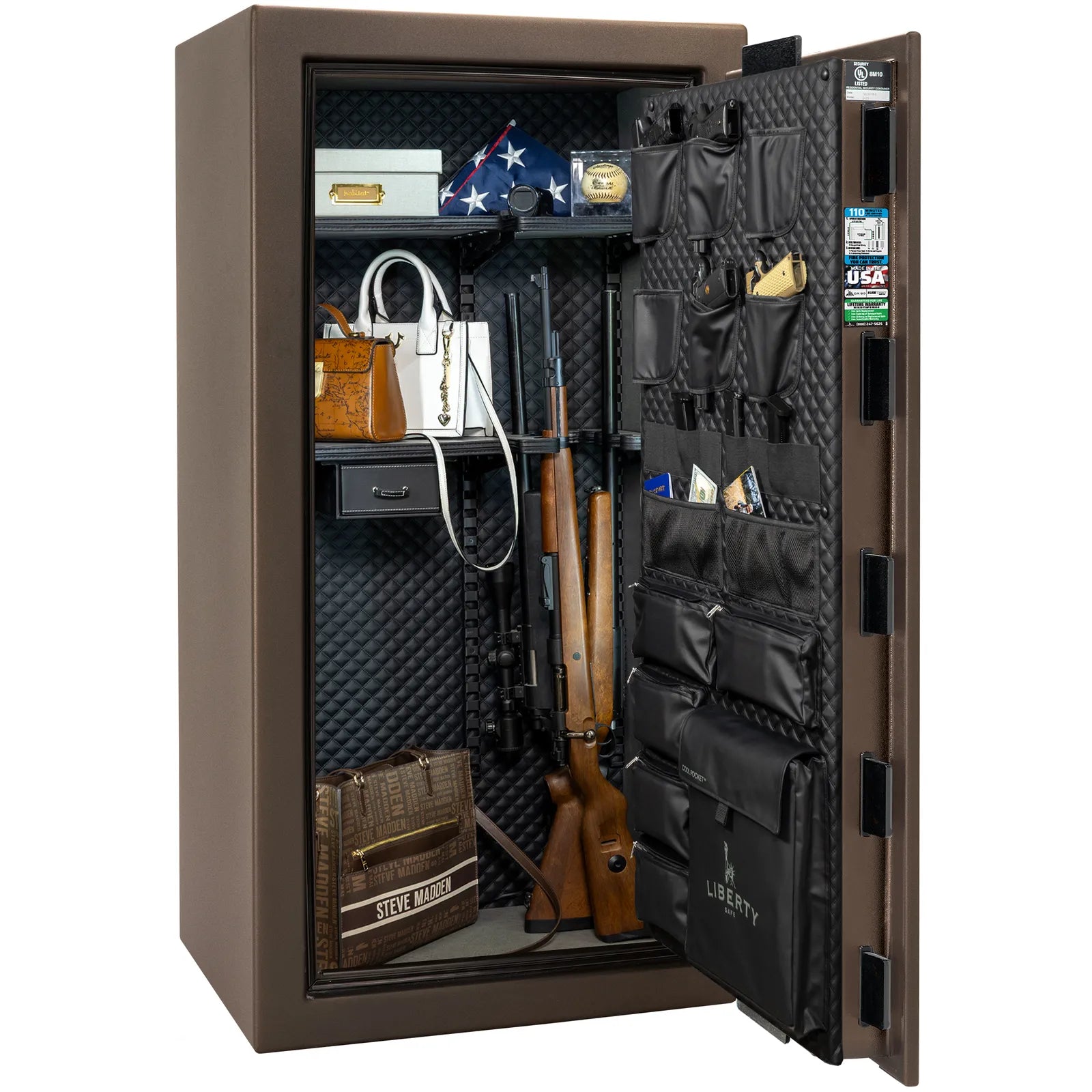 Liberty Franklin 29 gun safe in Bronze Textured with Black Chrome, Signature interior loaded with firearms.