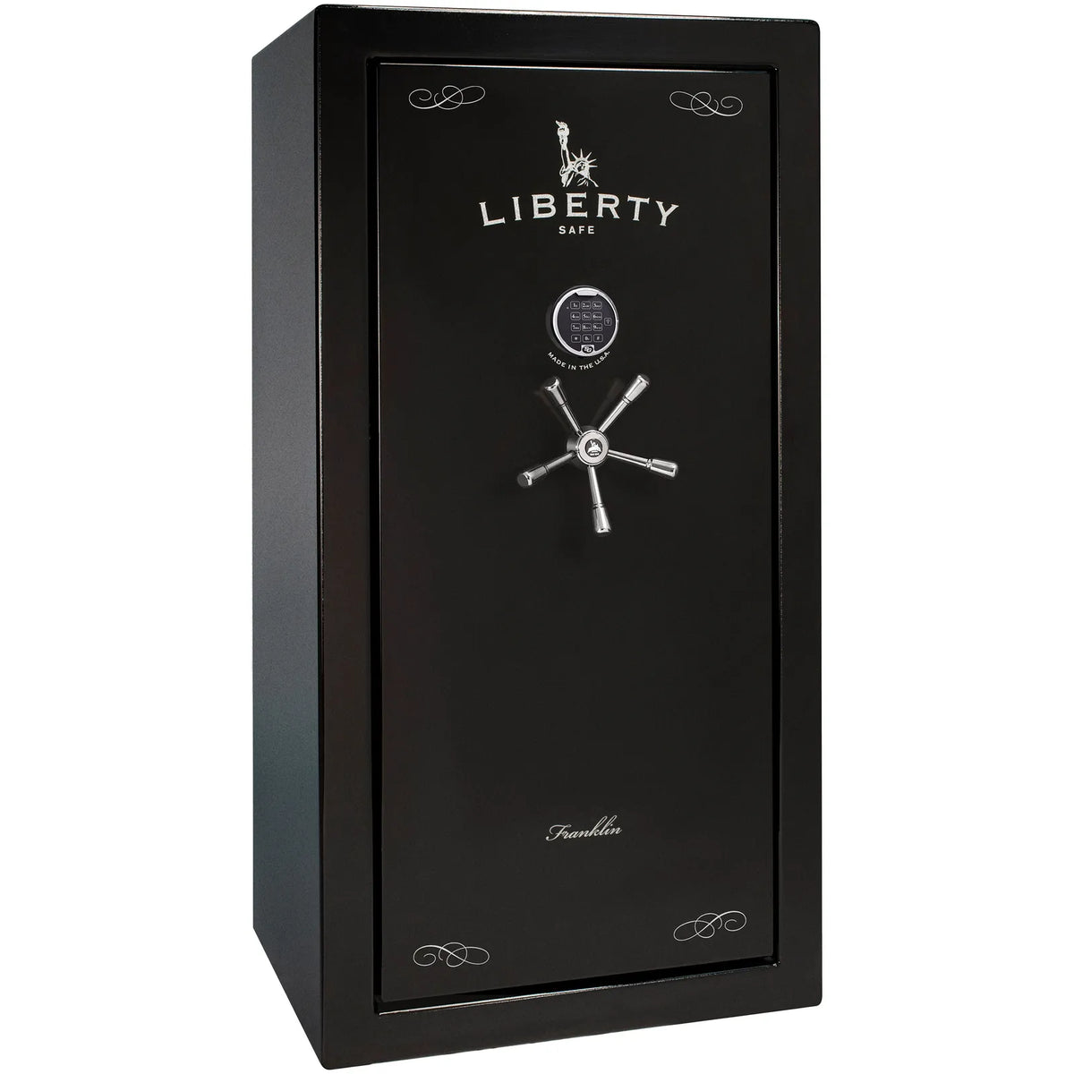 Liberty Franklin 29 gun safe in Textured Black with Chrome and S&G electronic lock, exterior view.