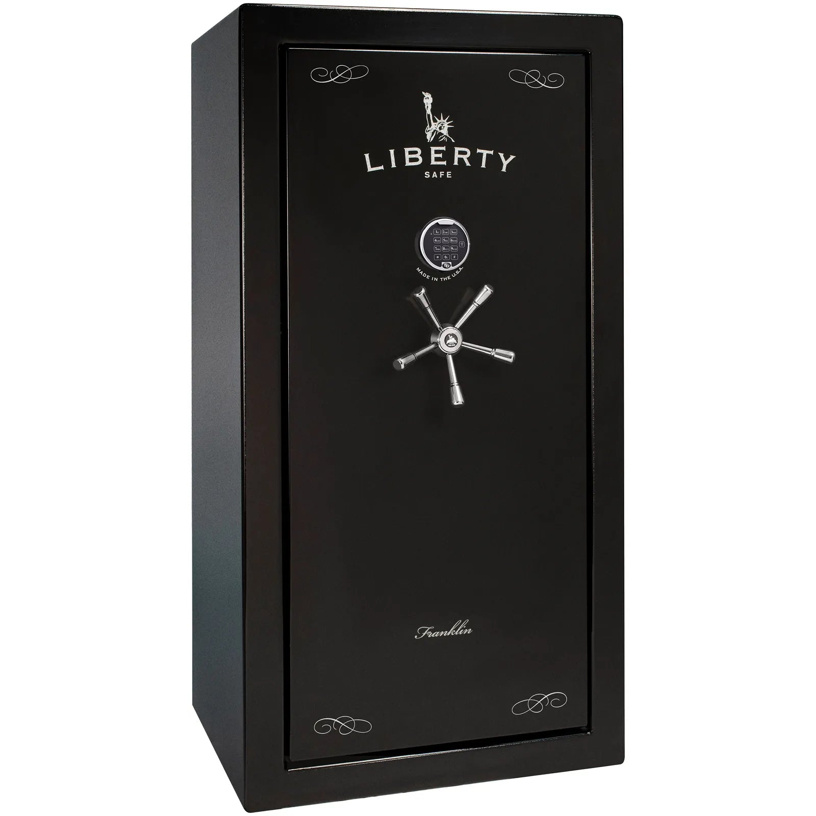 Liberty Franklin 29 gun safe in Textured Black with Chrome and S&G electronic lock, exterior view.
