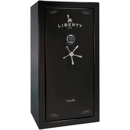 Liberty Franklin 29 gun safe in Textured Black with Chrome and S&G electronic lock, exterior view.