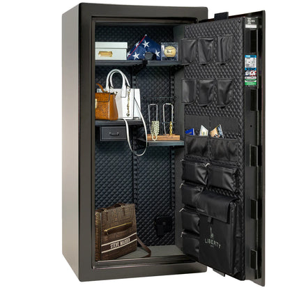 Liberty Franklin 29 gun safe in Textured Black with Chrome, Signature interior full with shelving and no guns.
